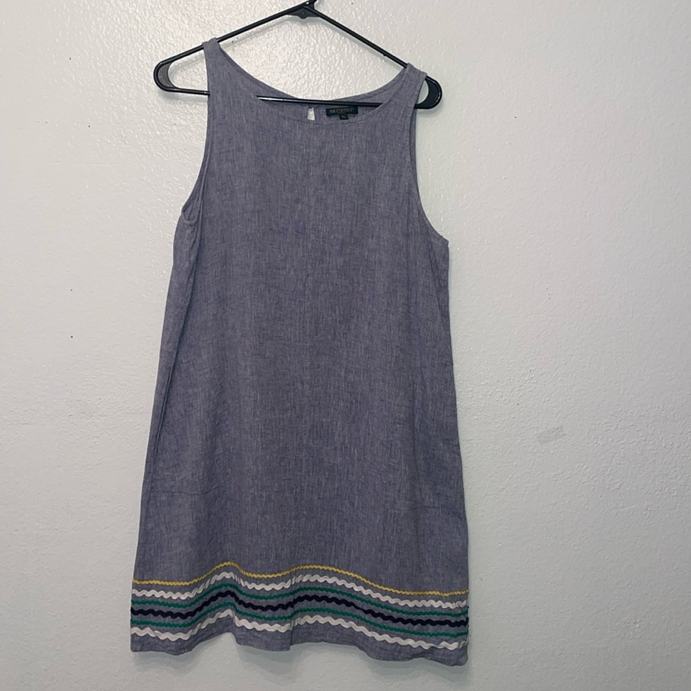 Cotton/linen A-line dress petite-large embellished with ric-rac. Side pockets